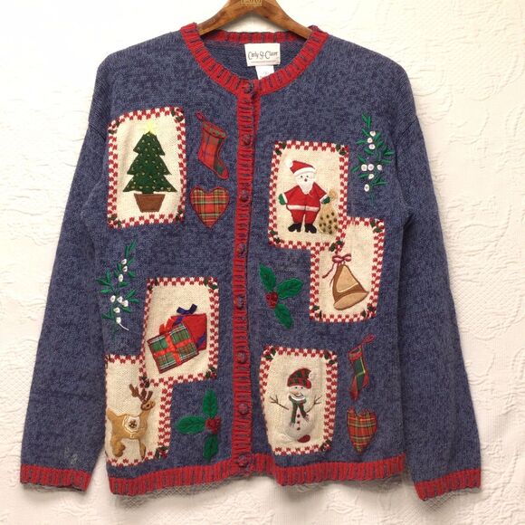 Carly St Claire Blue Red Patchwork Beaded Ugly Christmas Cardigan Vintage Small - Picture 2 of 7
